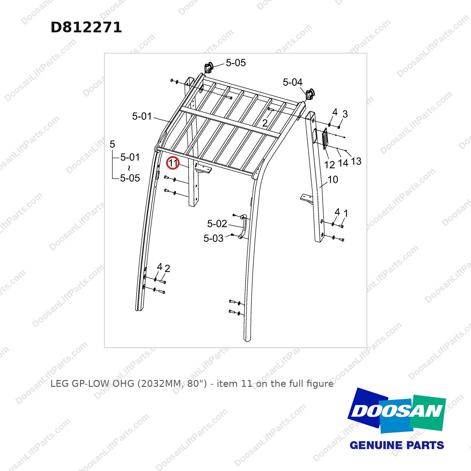 D812271 LEG GP-LOW OHG (2032MM, 80") - full parts diagram, item 11 marked - genuine Doosan / Bobcat forklift part