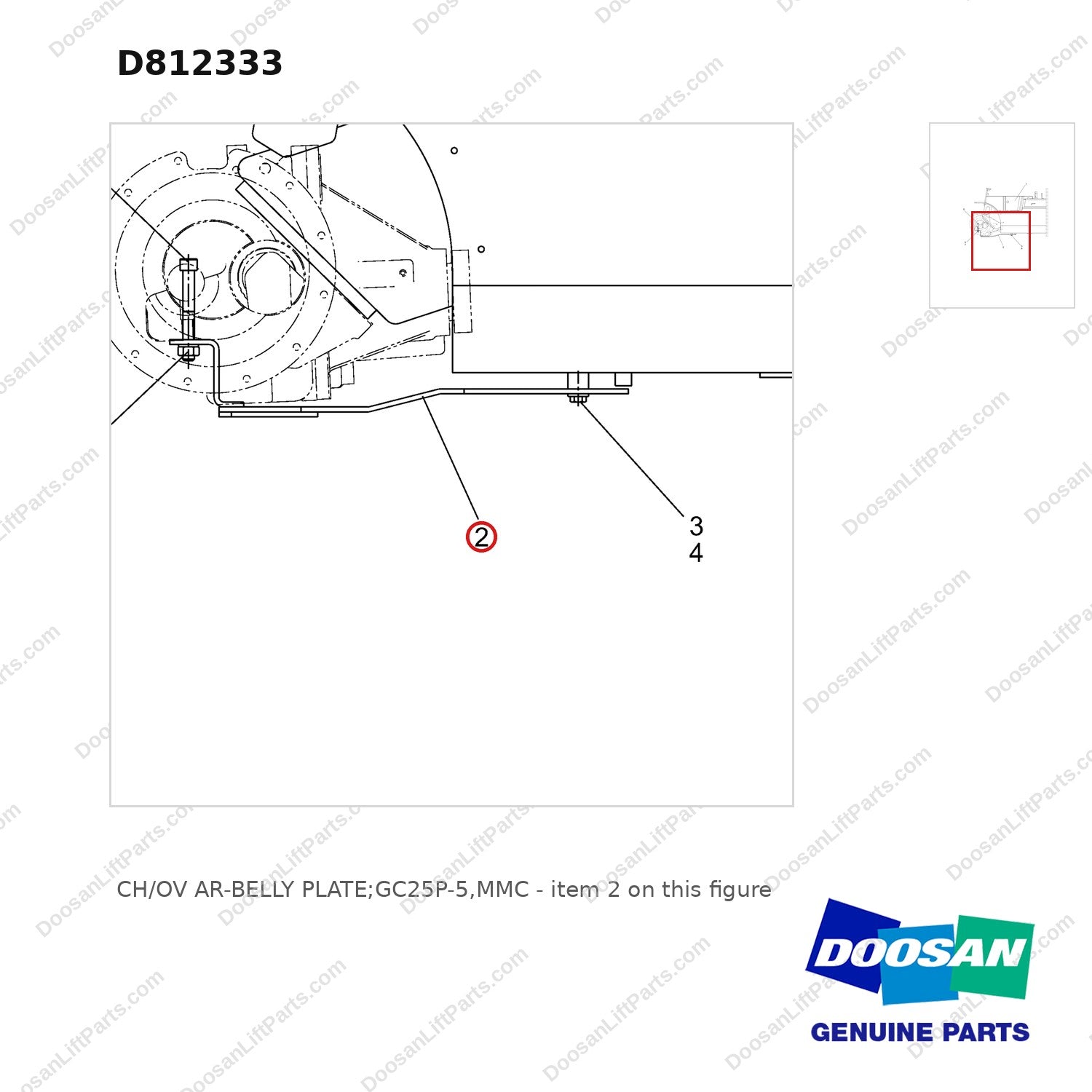 D812333 CH/OV AR-BELLY PLATE;GC25P-5,MMC - parts diagram, item 2 shown - genuine Doosan / Bobcat forklift part