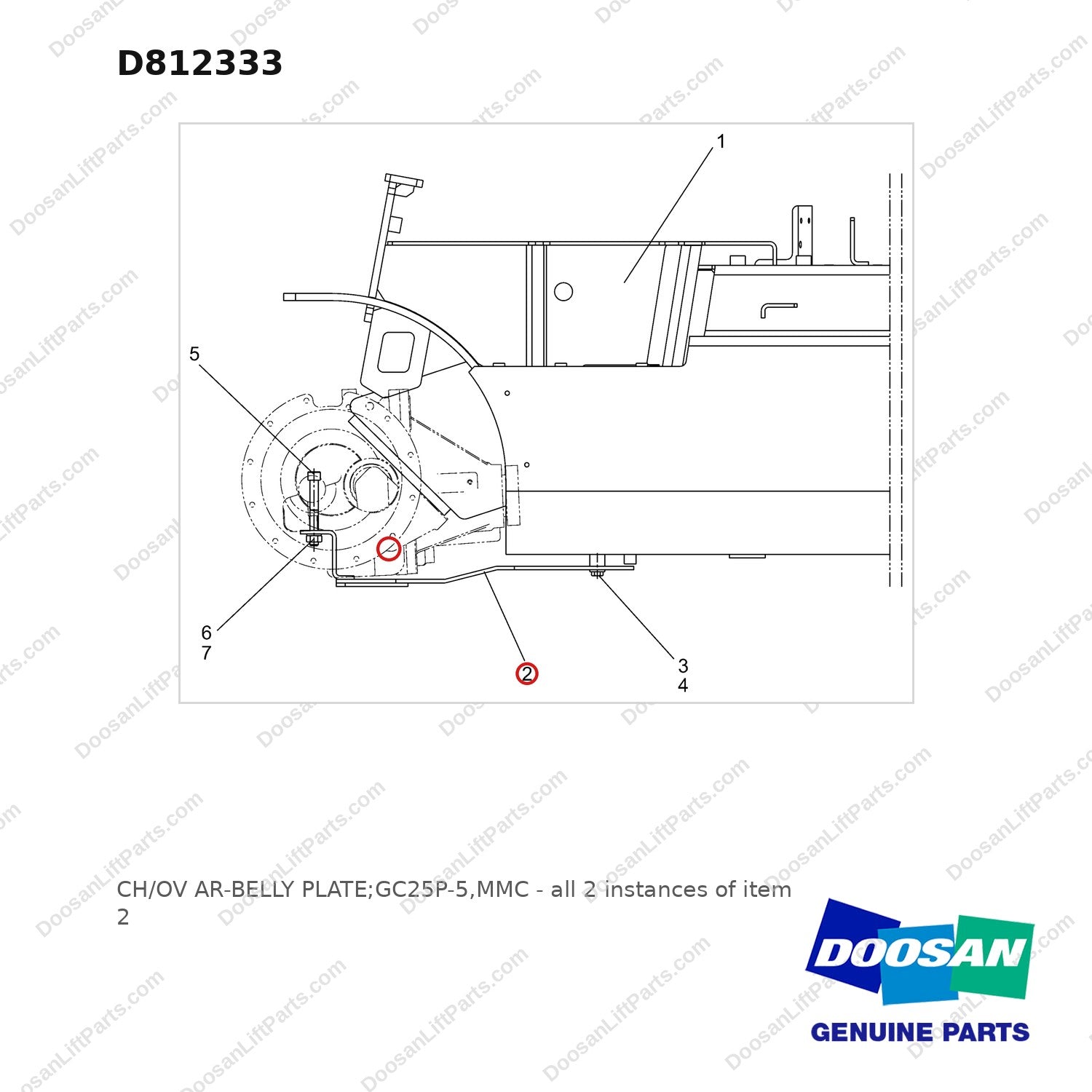 D812333 CH/OV AR-BELLY PLATE;GC25P-5,MMC - full parts diagram, item 2 marked - genuine Doosan / Bobcat forklift part