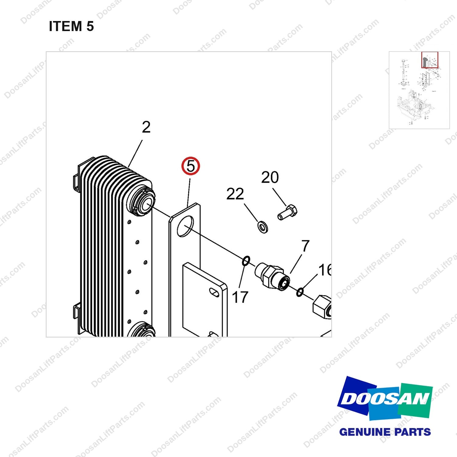 D812903 Changeover Ar.-Cooler In Tank - parts diagram, item 5 shown - genuine Doosan / Bobcat forklift part