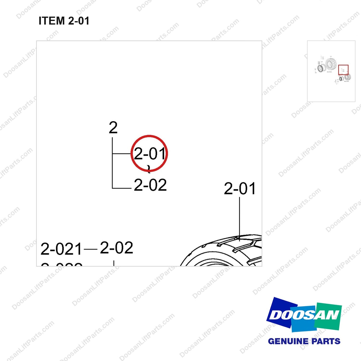 D830026-T ARRANGEMENT;TIRE, OCDB,NON-MARKING,NARRO - parts diagram, item 2-01 shown - genuine Doosan / Bobcat forklift part