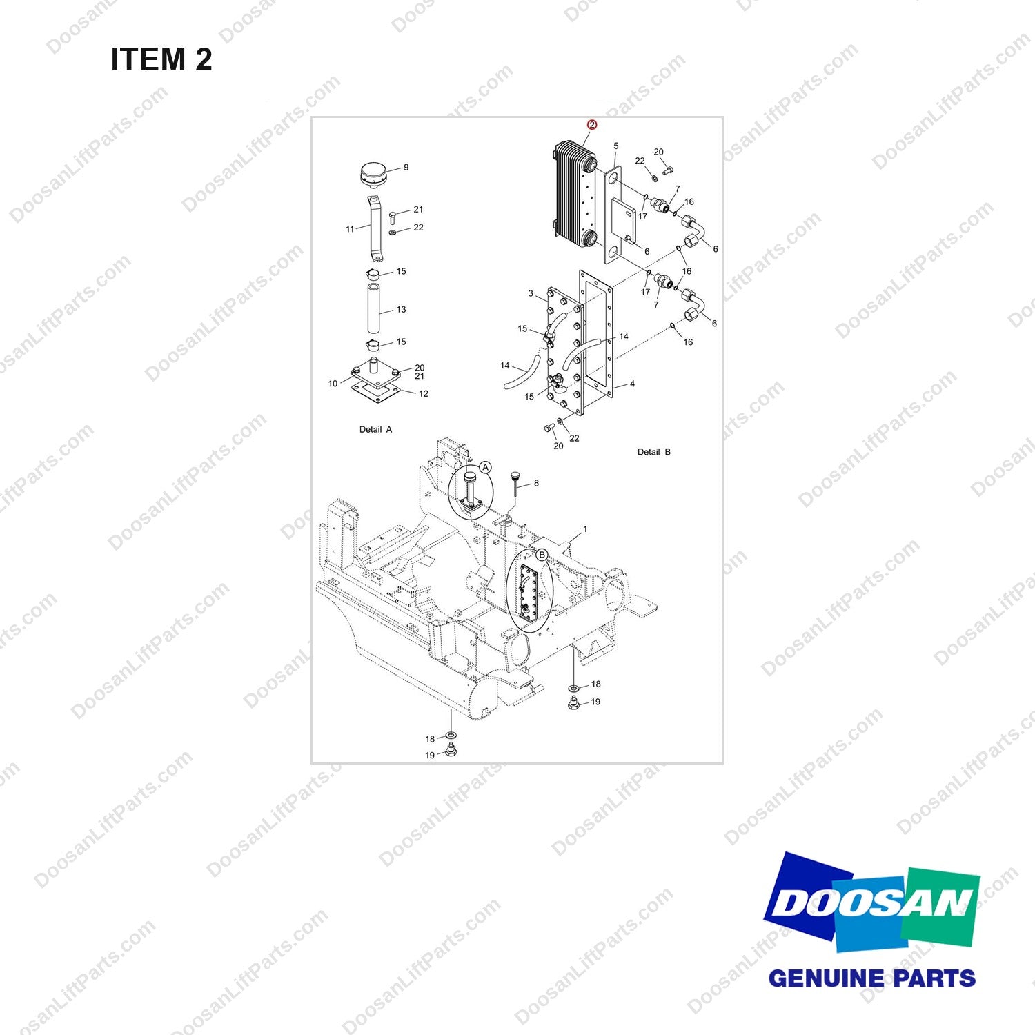 D830121 Changeover Ar.-Cooler In Tank - full parts diagram, item 2 marked - genuine Doosan / Bobcat forklift part