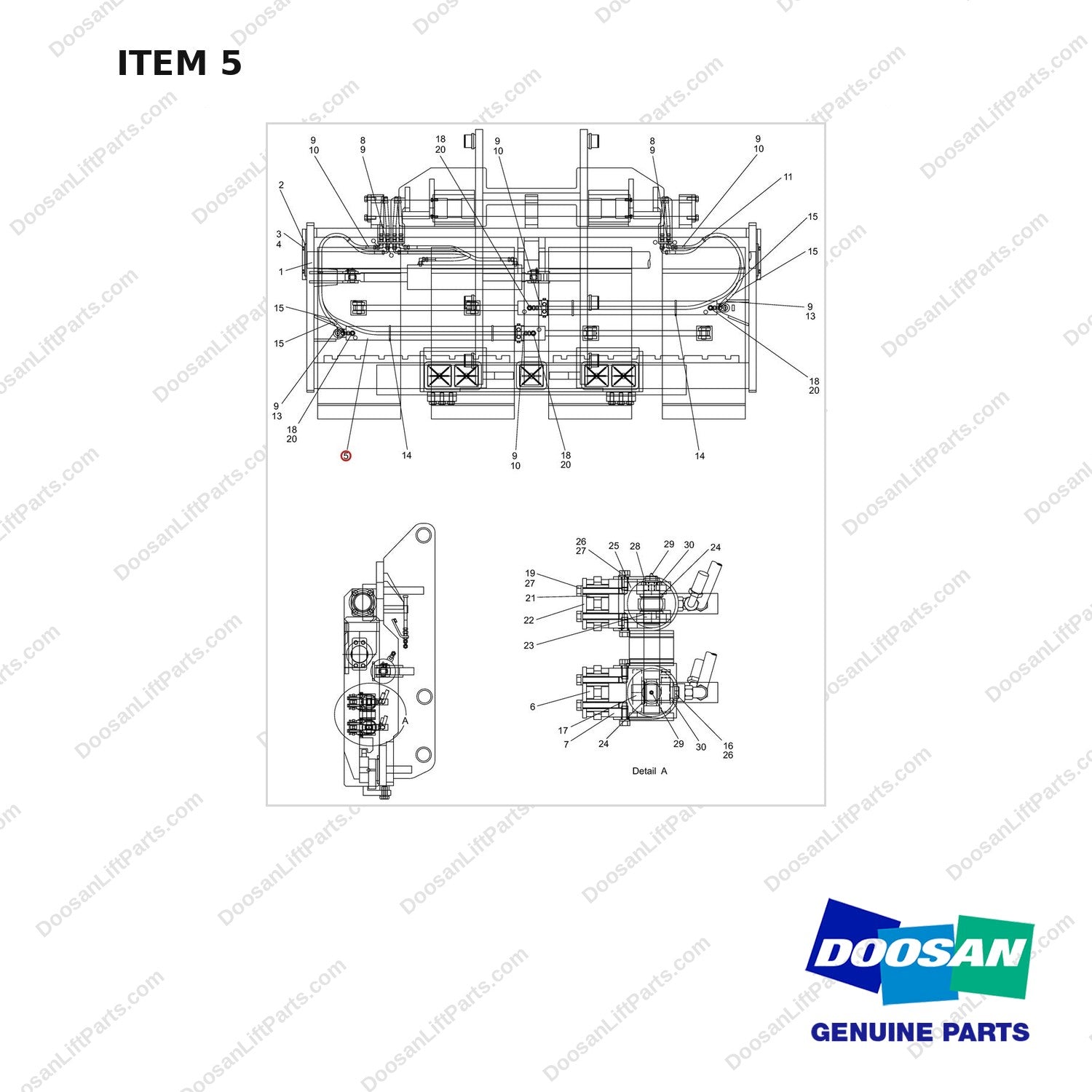 D850132 FORKPOSITIONER MOUNT GROUP;SHIFTING TYPE - full parts diagram, item 5 marked - genuine Doosan / Bobcat forklift part