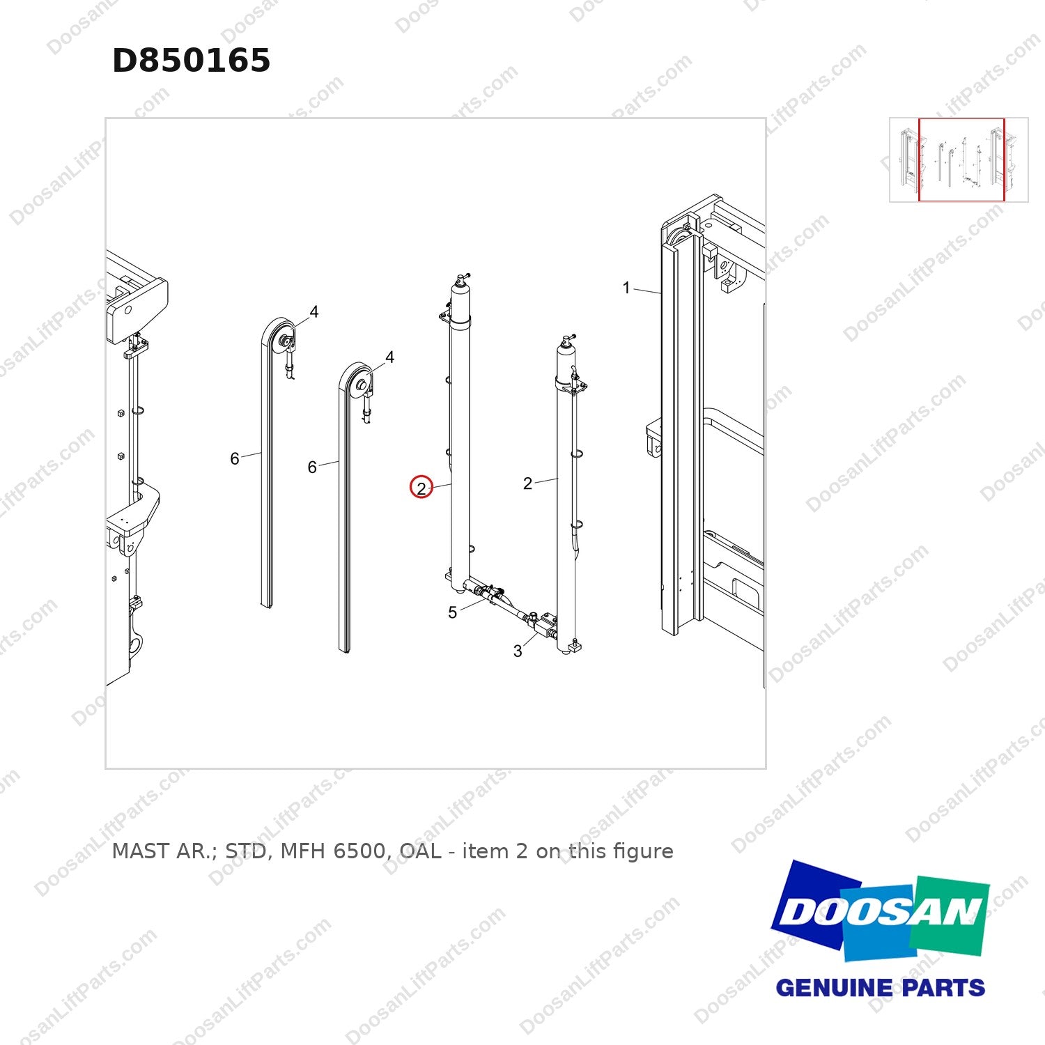 D850165 MAST AR.; STD,  MFH 6500, OAL - parts diagram, item 2 shown - genuine Doosan / Bobcat forklift part