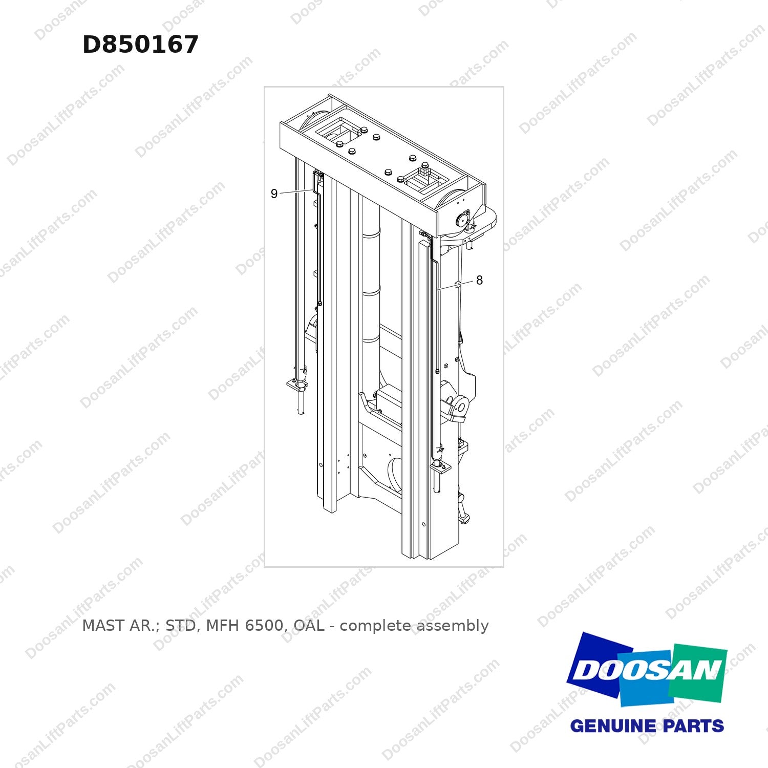 D850167 MAST AR.; STD,  MFH 6500, OAL - full parts diagram - genuine Doosan / Bobcat forklift part