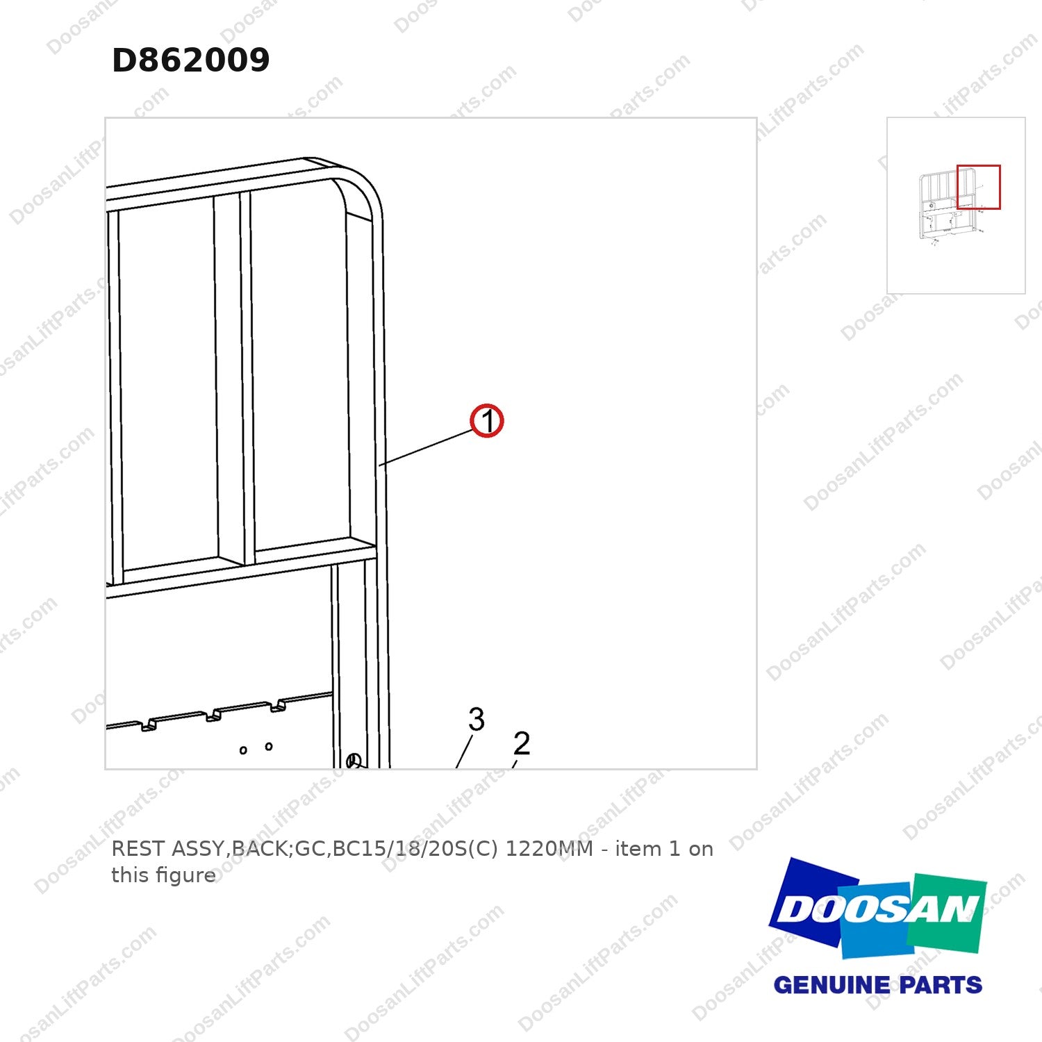 D862009 REST ASSY,BACK;GC,BC15/18/20S(C) 1220MM - parts diagram, item 1 shown - genuine Doosan / Bobcat forklift part