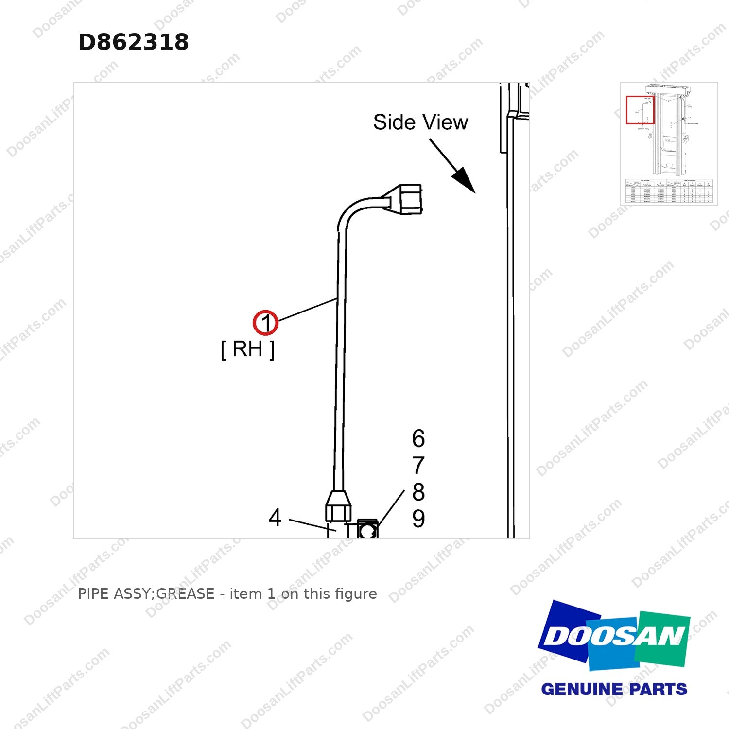 D862318 PIPE ASSY;GREASE - parts diagram, item 1 shown - genuine Doosan / Bobcat forklift part