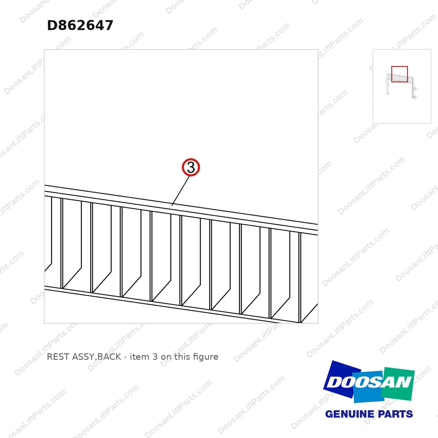 D862647 REST ASSY,BACK - parts diagram, item 3 shown - genuine Doosan / Bobcat forklift part