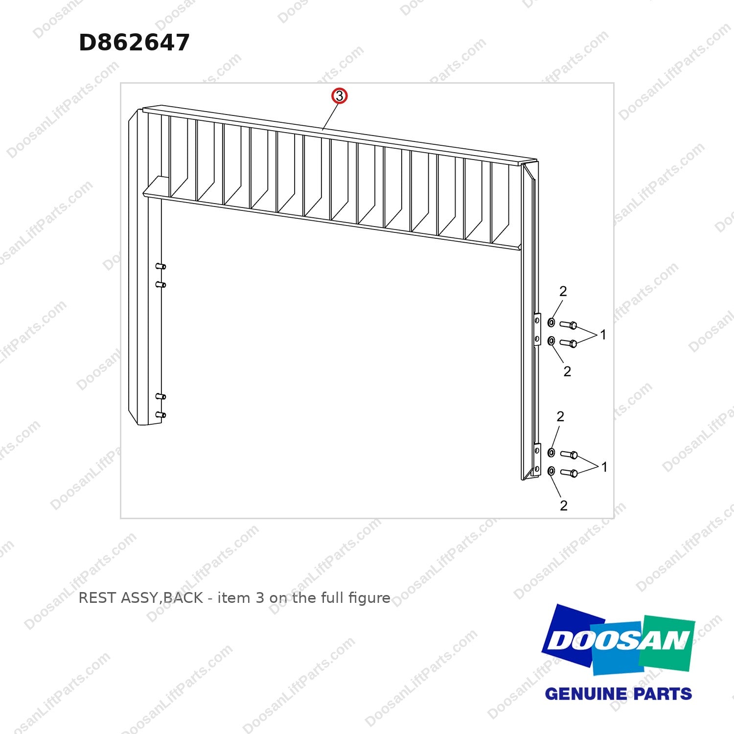 D862647 REST ASSY,BACK - full parts diagram, item 3 marked - genuine Doosan / Bobcat forklift part