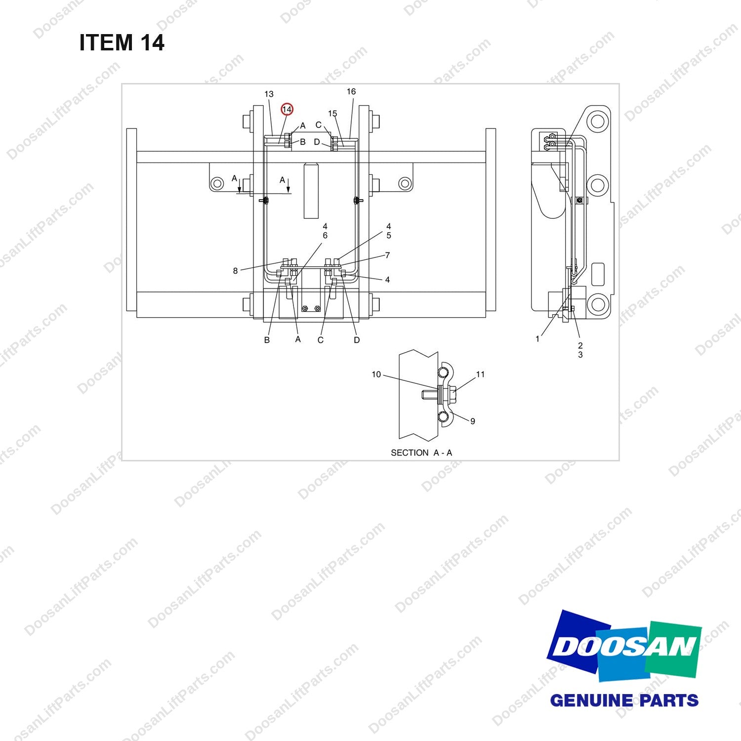 D870938 LINES GP-CARRIAGE(INTEGRAL SHIFTING-FORK POSITIONER AR - (FF - full parts diagram, item 14 marked - genuine Doosan / Bobcat forklift part