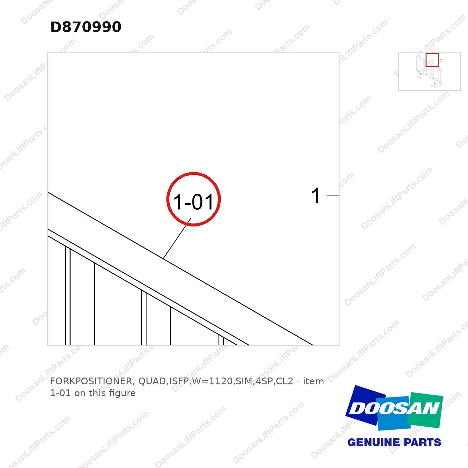 D870990 FORKPOSITIONER, QUAD,ISFP,W=1120,SIM,4SP,CL2 - parts diagram, item 1-01 shown - genuine Doosan / Bobcat forklift part