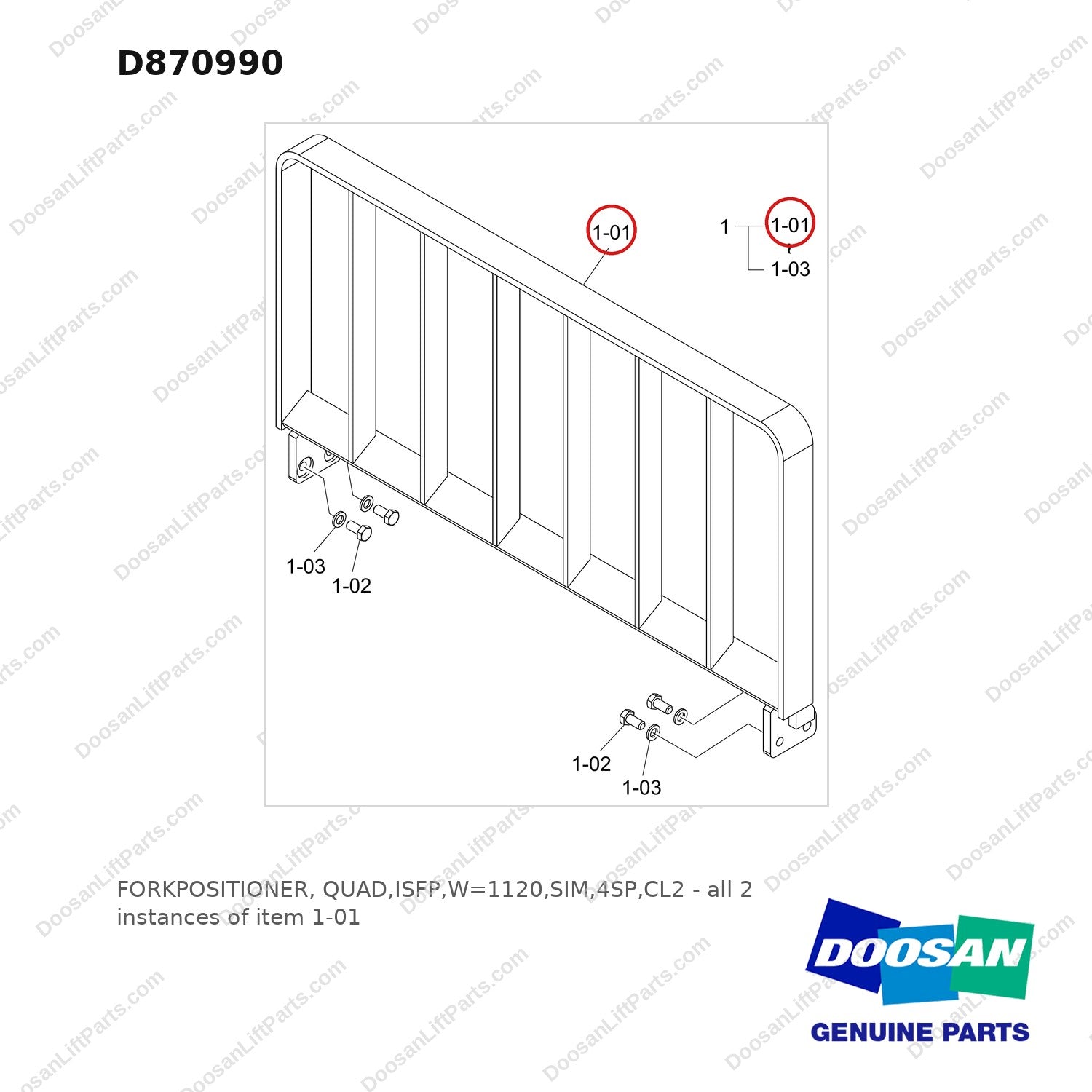 D870990 FORKPOSITIONER, QUAD,ISFP,W=1120,SIM,4SP,CL2 - full parts diagram, item 1-01 marked - genuine Doosan / Bobcat forklift part