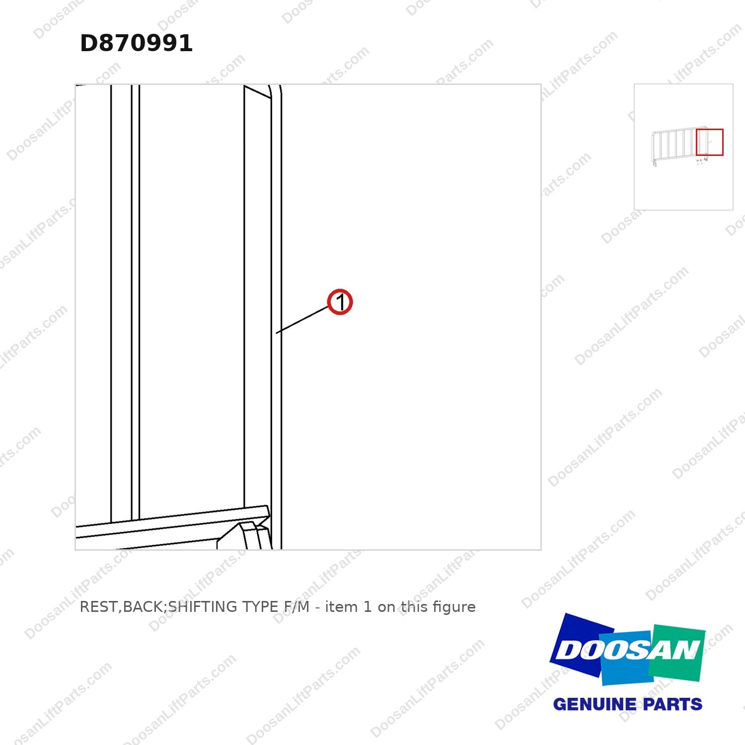 D870991 REST,BACK;SHIFTING TYPE F/M - parts diagram, item 1 shown - genuine Doosan / Bobcat forklift part
