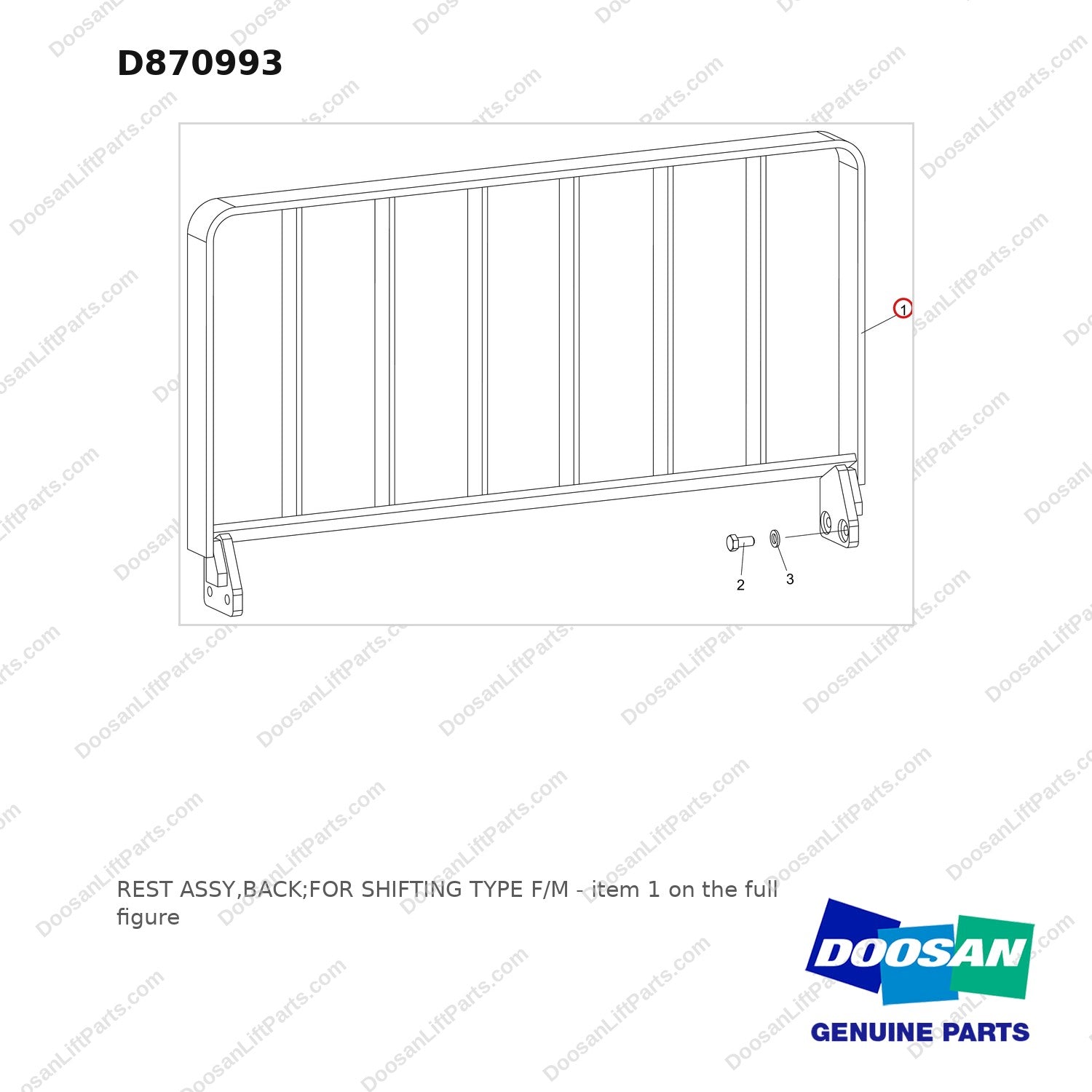D870993 REST ASSY,BACK;FOR SHIFTING TYPE F/M - full parts diagram, item 1 marked - genuine Doosan / Bobcat forklift part