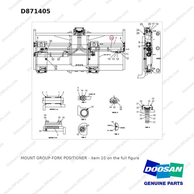 D871405 MOUNT GROUP-FORK POSITIONER - full parts diagram, item 10 marked - genuine Doosan / Bobcat forklift part