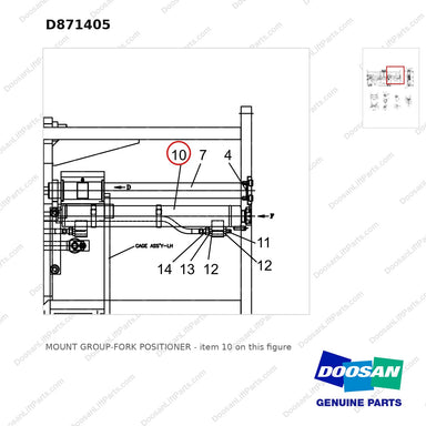 D871405 MOUNT GROUP-FORK POSITIONER - parts diagram, item 10 shown - genuine Doosan / Bobcat forklift part