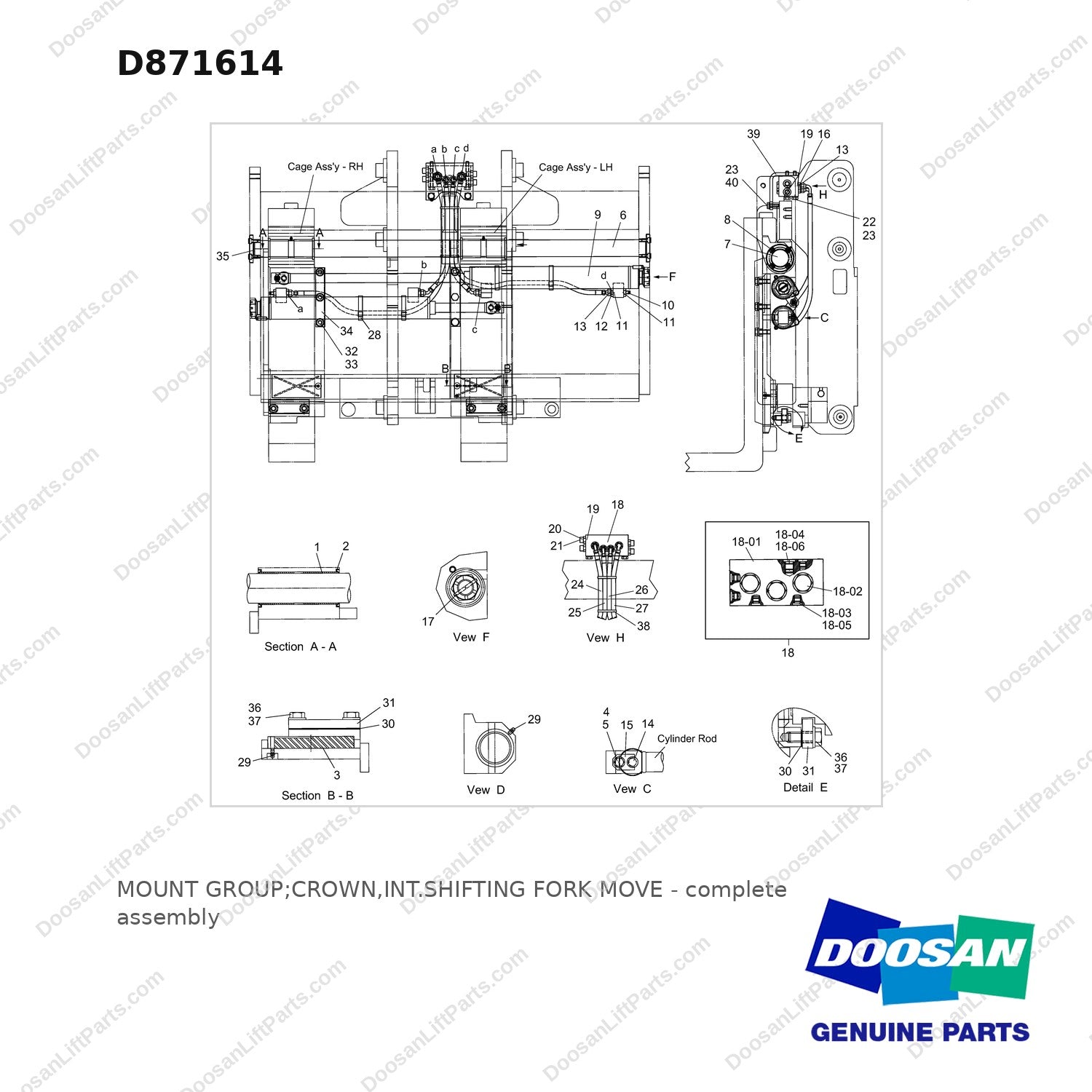 D871614 MOUNT GROUP;CROWN,INT.SHIFTING FORK MOVE - full parts diagram - genuine Doosan / Bobcat forklift part