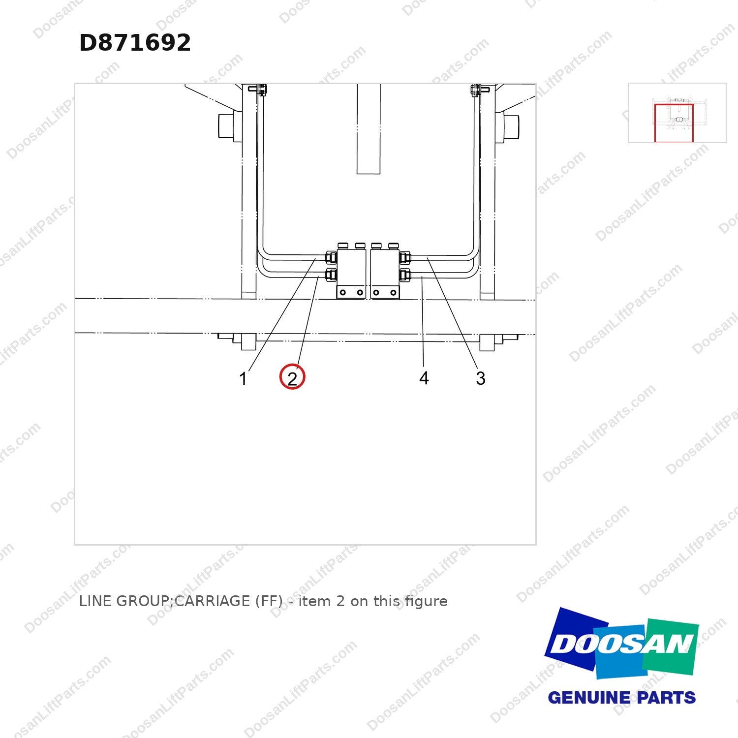 D871692 LINE GROUP;CARRIAGE (FF) - parts diagram, item 2 shown - genuine Doosan / Bobcat forklift part