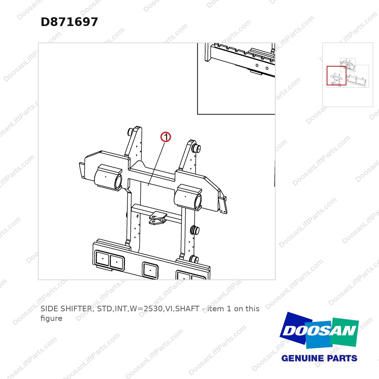 D871697 SIDE SHIFTER, STD,INT,W=2530,VI,SHAFT - parts diagram, item 1 shown - genuine Doosan / Bobcat forklift part
