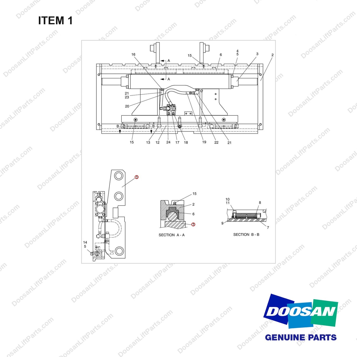 D871702 CARRIAGE GROUP-INTEGRAL SIDE SHIFTER - full parts diagram, item 1 marked - genuine Doosan / Bobcat forklift part