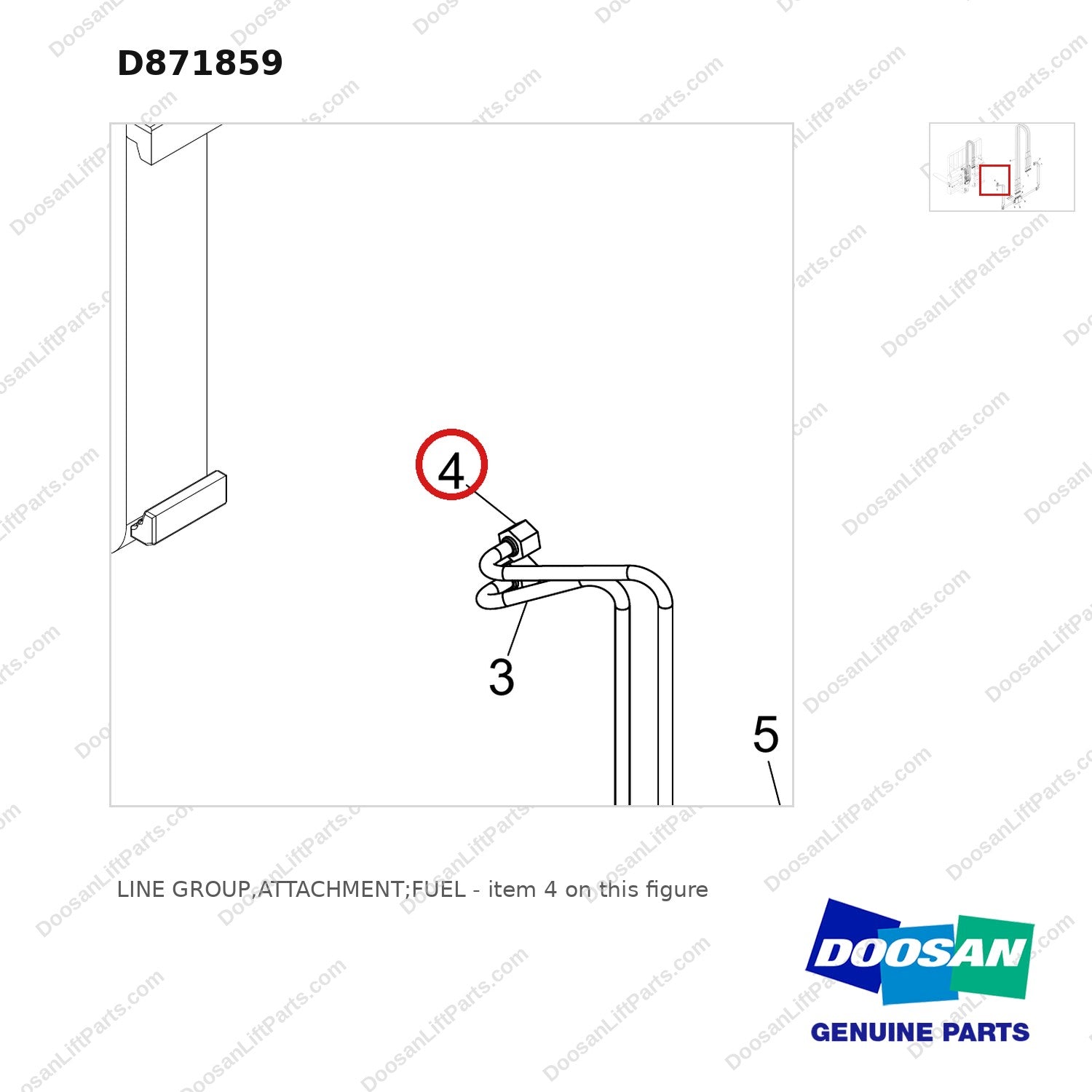 D871859 LINE GROUP,ATTACHMENT;FUEL - parts diagram, item 4 shown - genuine Doosan / Bobcat forklift part