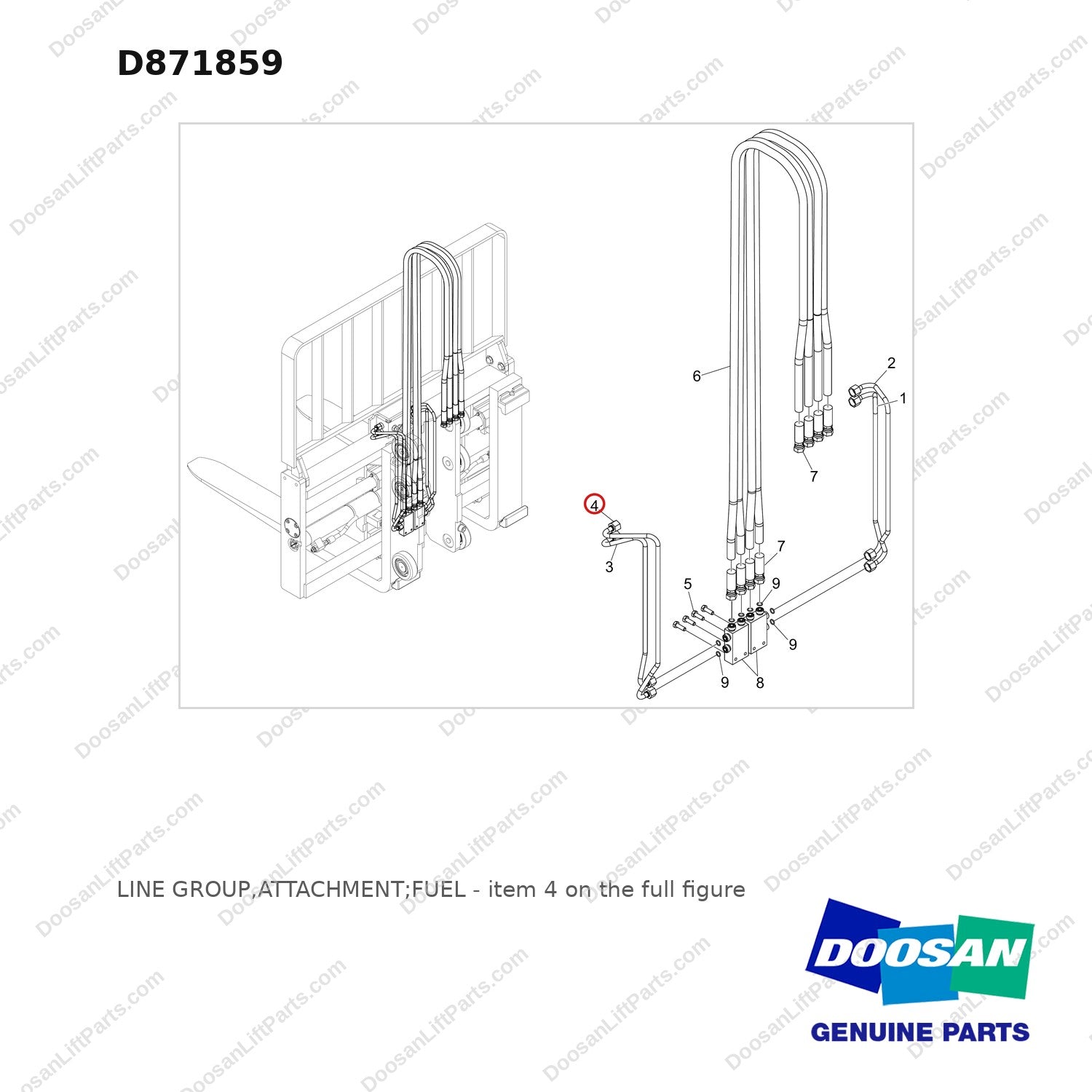 D871859 LINE GROUP,ATTACHMENT;FUEL - full parts diagram, item 4 marked - genuine Doosan / Bobcat forklift part