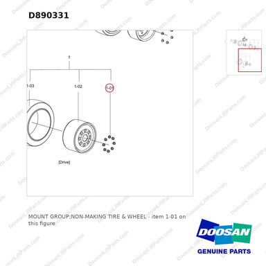 D890331 MOUNT GROUP;NON-MAKING TIRE & WHEEL - parts diagram, item 1-01 shown - genuine Doosan / Bobcat forklift part