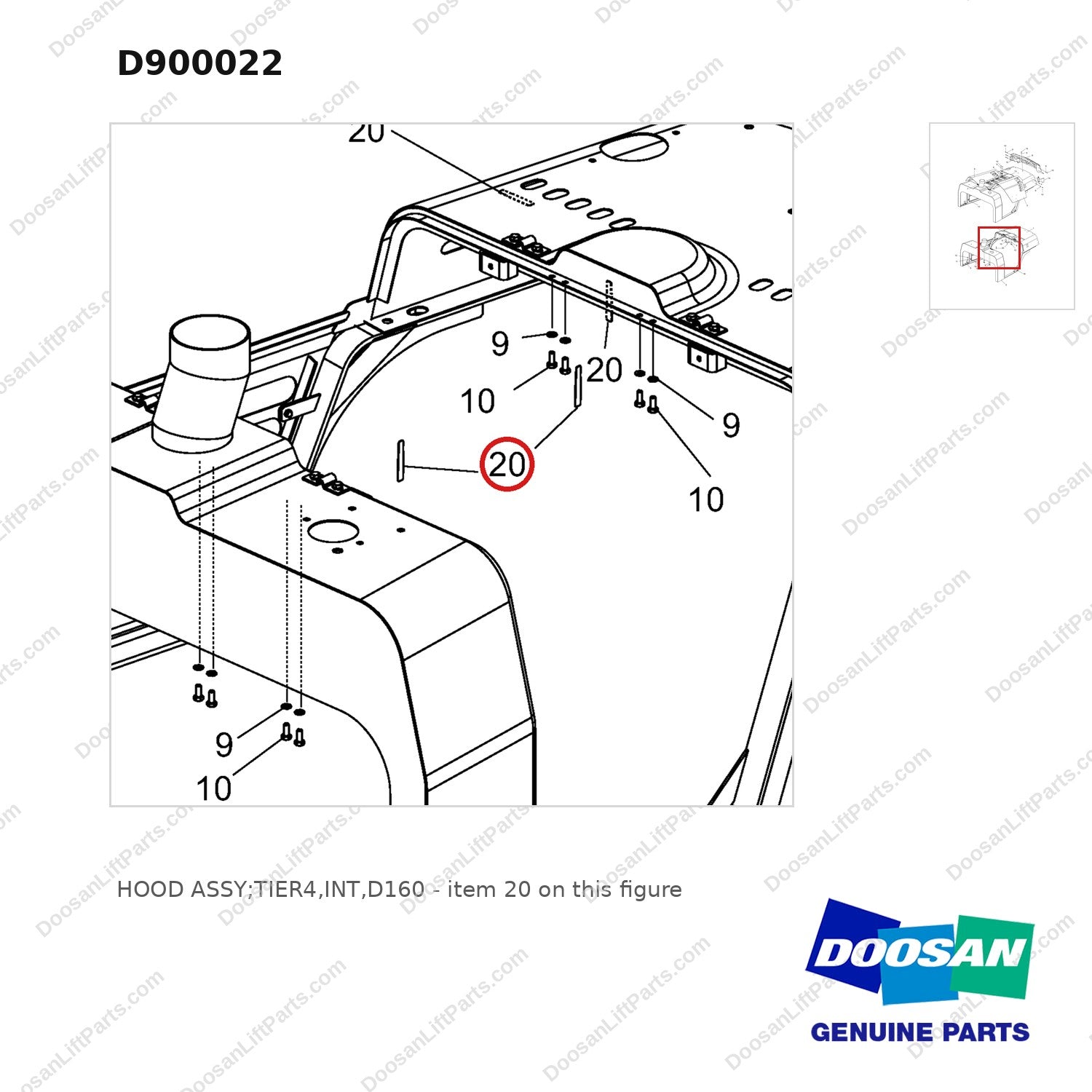 D900022 HOOD ASSY;TIER4,INT,D160 - parts diagram, item 20 shown - genuine Doosan / Bobcat forklift part
