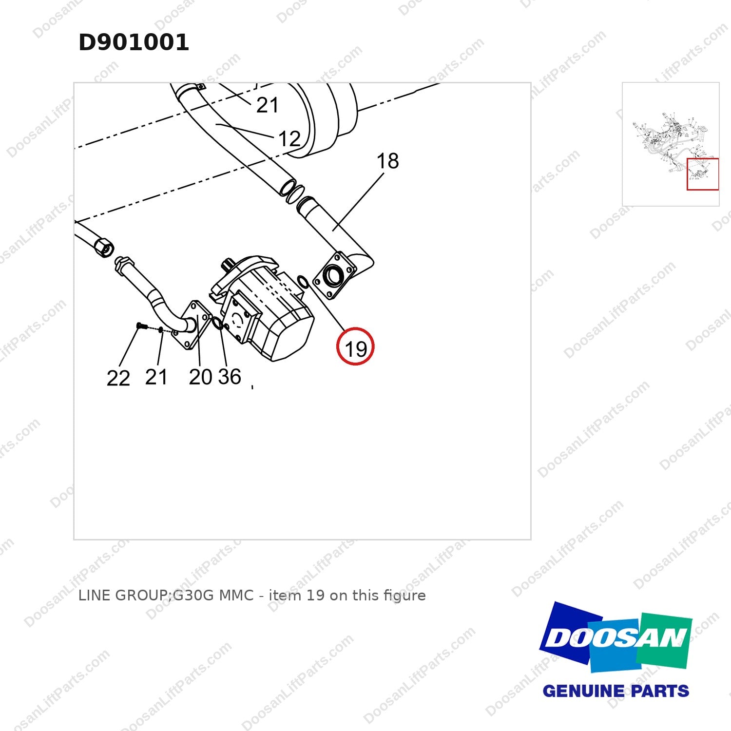 D901001 LINE GROUP;G30G MMC - parts diagram, item 19 shown - genuine Doosan / Bobcat forklift part