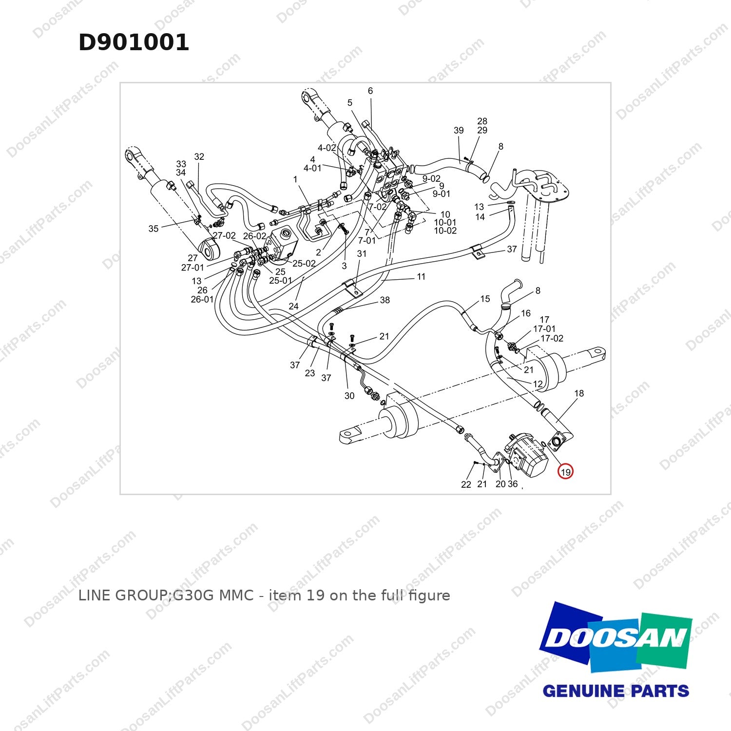D901001 LINE GROUP;G30G MMC - full parts diagram, item 19 marked - genuine Doosan / Bobcat forklift part