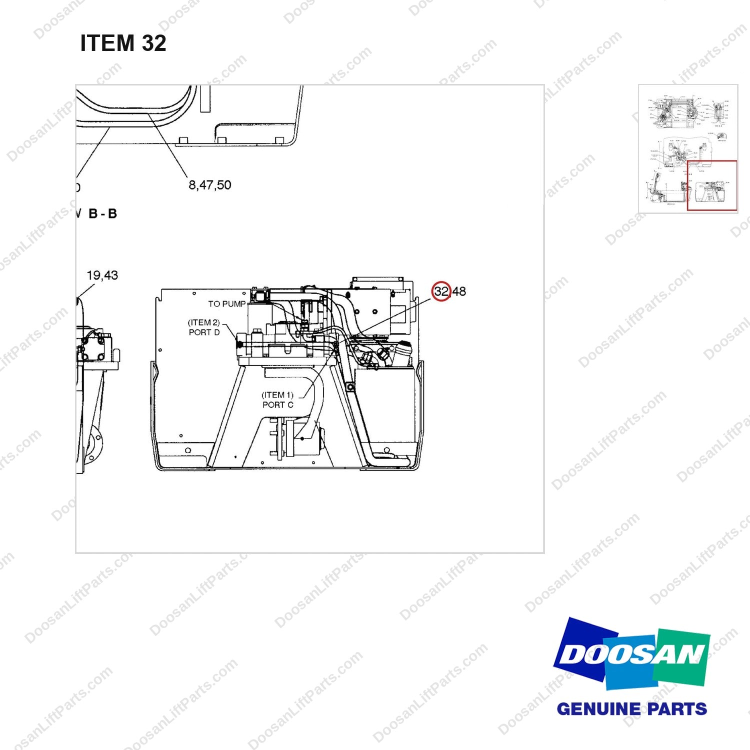 D902191 LINES GP-HYDRAULICS - BC18/20T(2/2) - parts diagram, item 32 shown - genuine Doosan / Bobcat forklift part