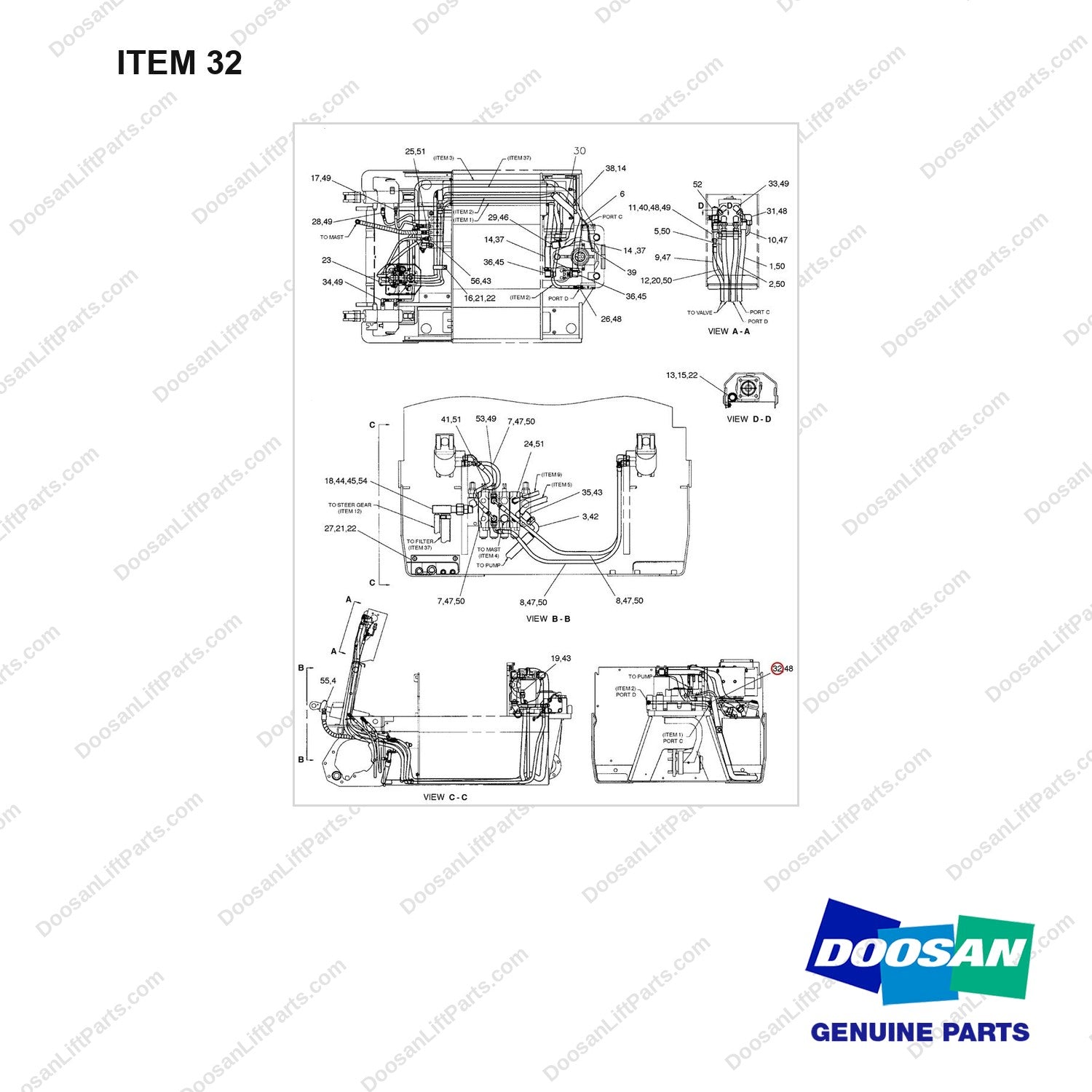 D902191 LINES GP-HYDRAULICS - BC18/20T(2/2) - full parts diagram, item 32 marked - genuine Doosan / Bobcat forklift part