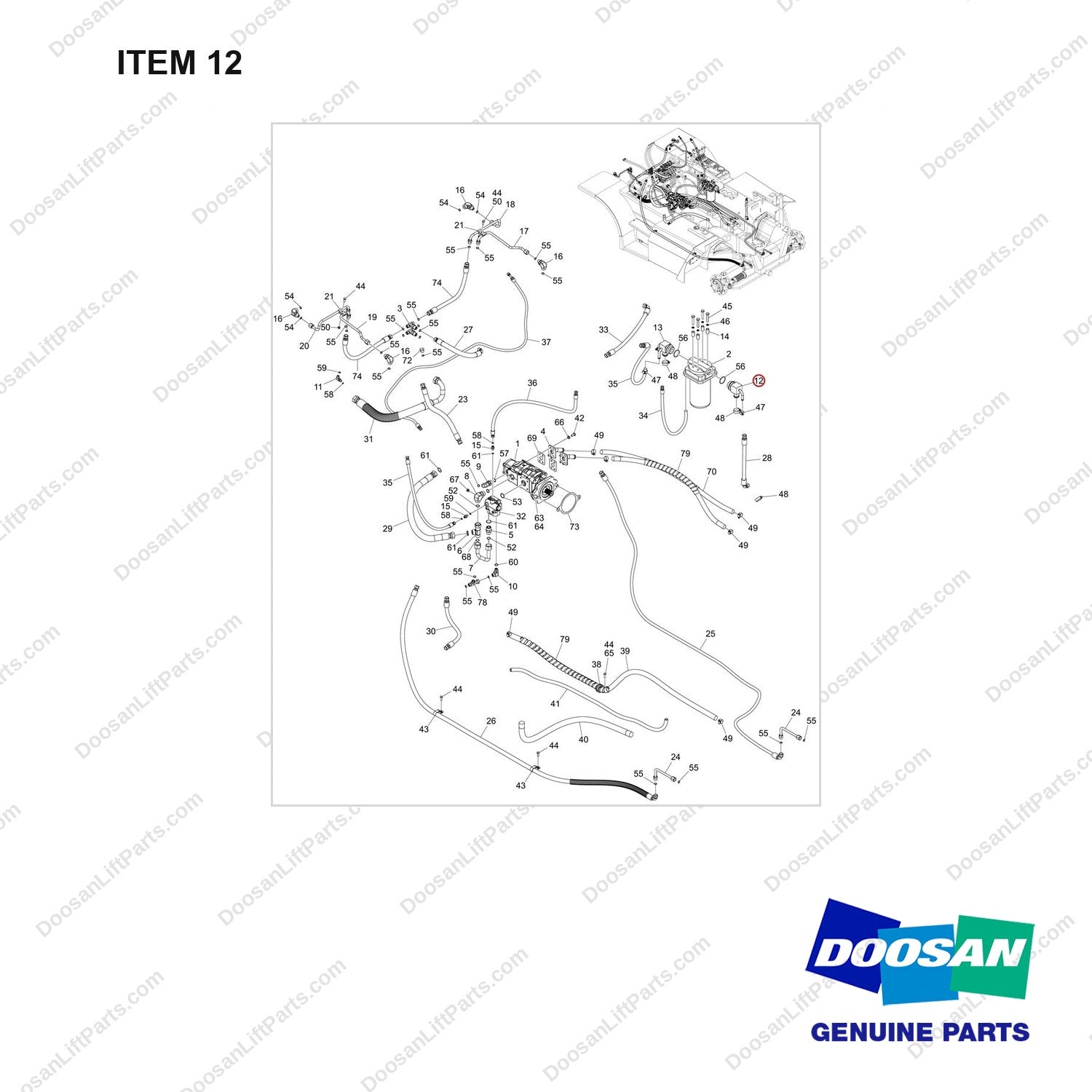 D902255 Lines Gp-Mast Operating - full parts diagram, item 12 marked - genuine Doosan / Bobcat forklift part