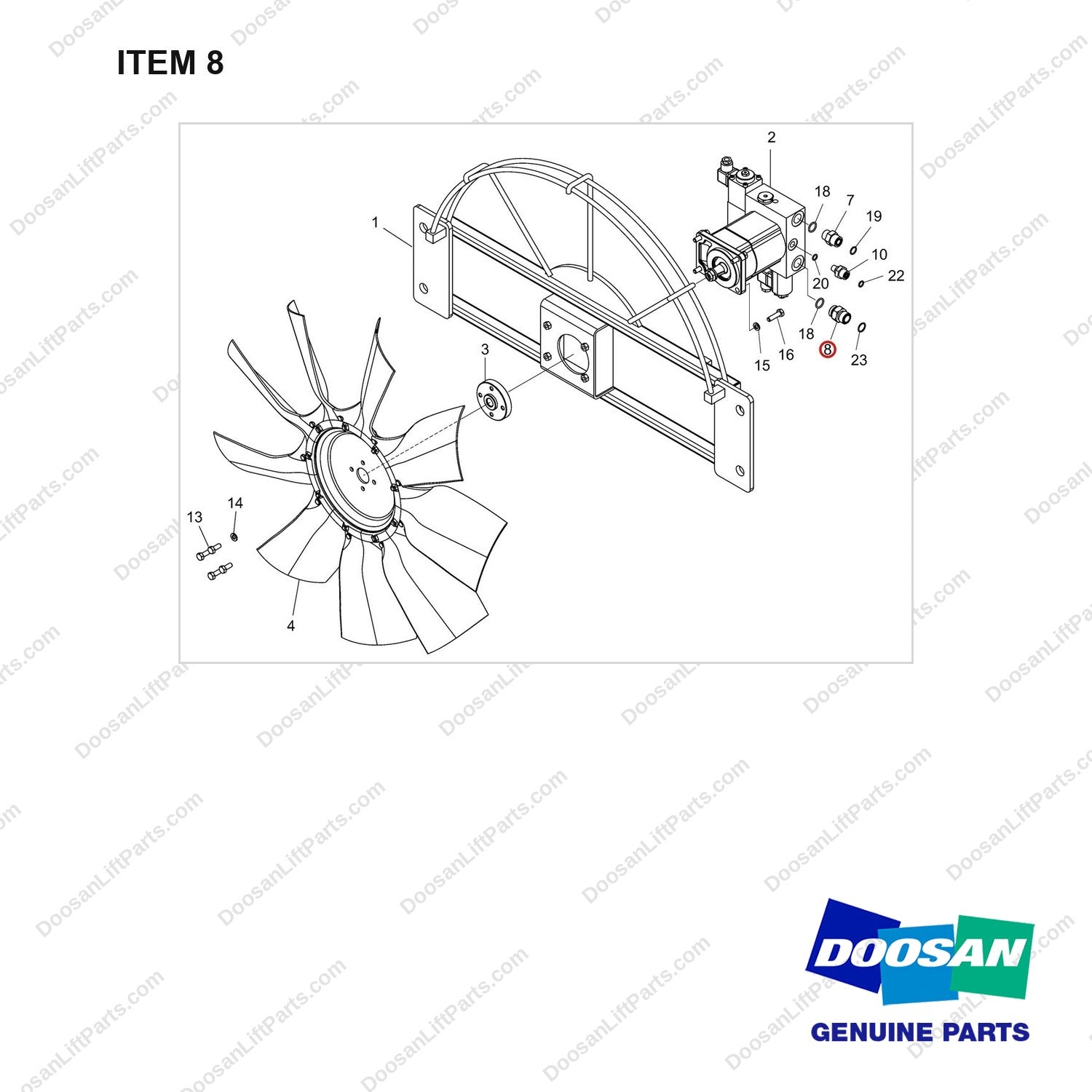 D905042 COOLER ASSY,FAN;DV180S-7 - full parts diagram, item 8 marked - genuine Doosan / Bobcat forklift part