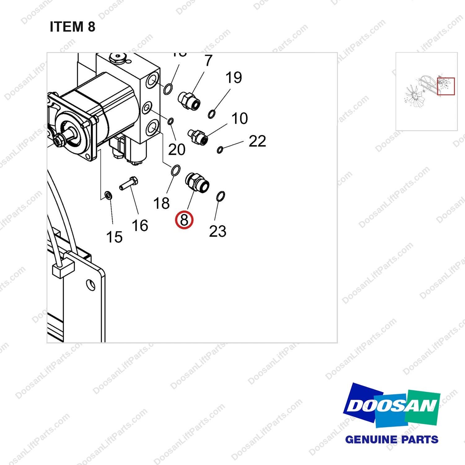 D905042 COOLER ASSY,FAN;DV180S-7 - parts diagram, item 8 shown - genuine Doosan / Bobcat forklift part