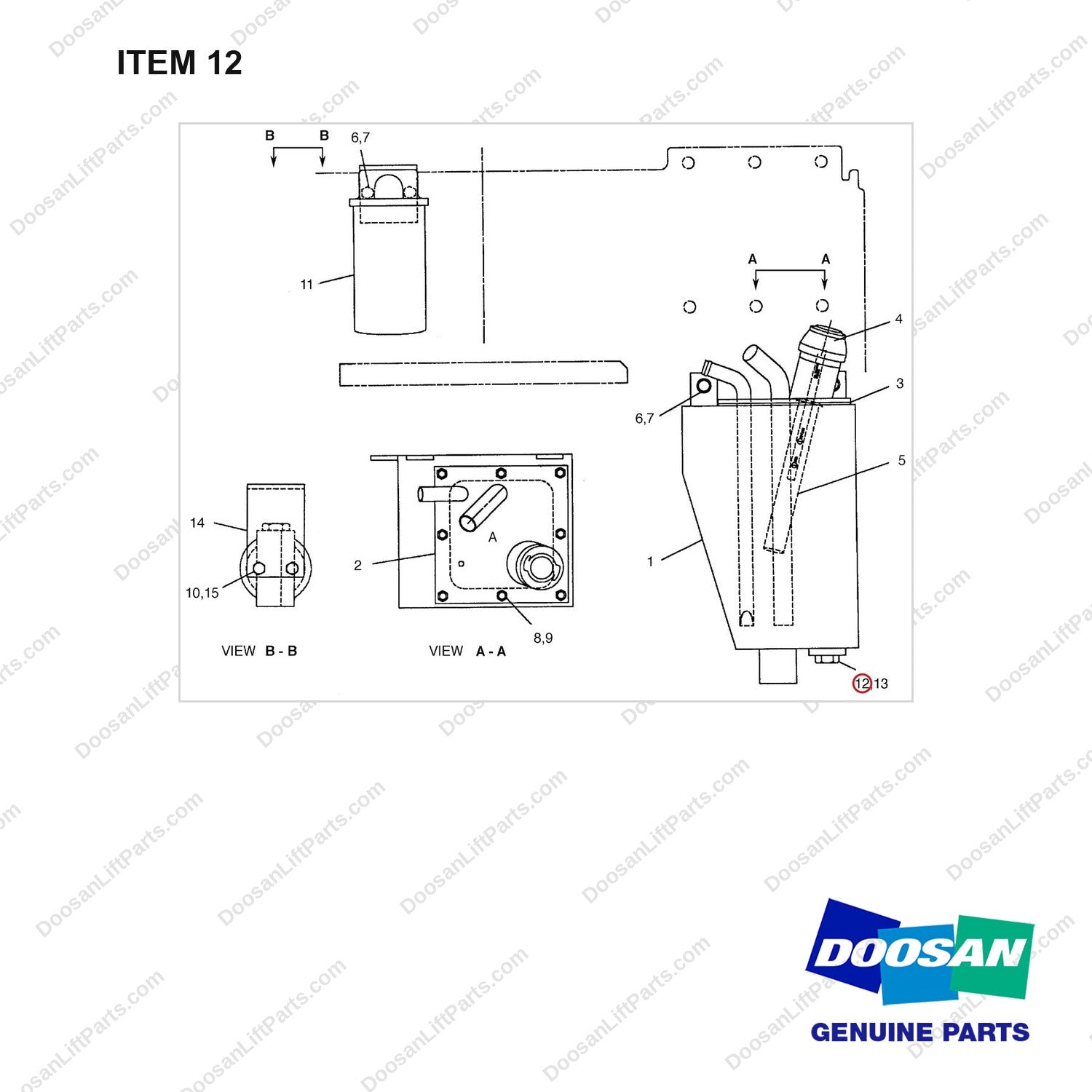 D909148 TANK & FILTER GP - full parts diagram, item 12 marked - genuine Doosan / Bobcat forklift part