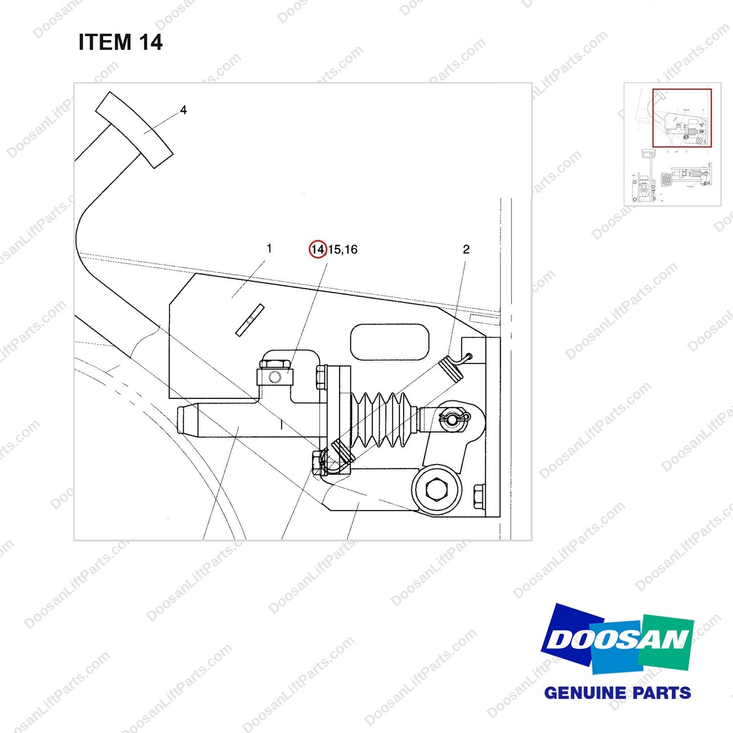 D909152 CONTROL GP-BRAKE - parts diagram, item 14 shown - genuine Doosan / Bobcat forklift part