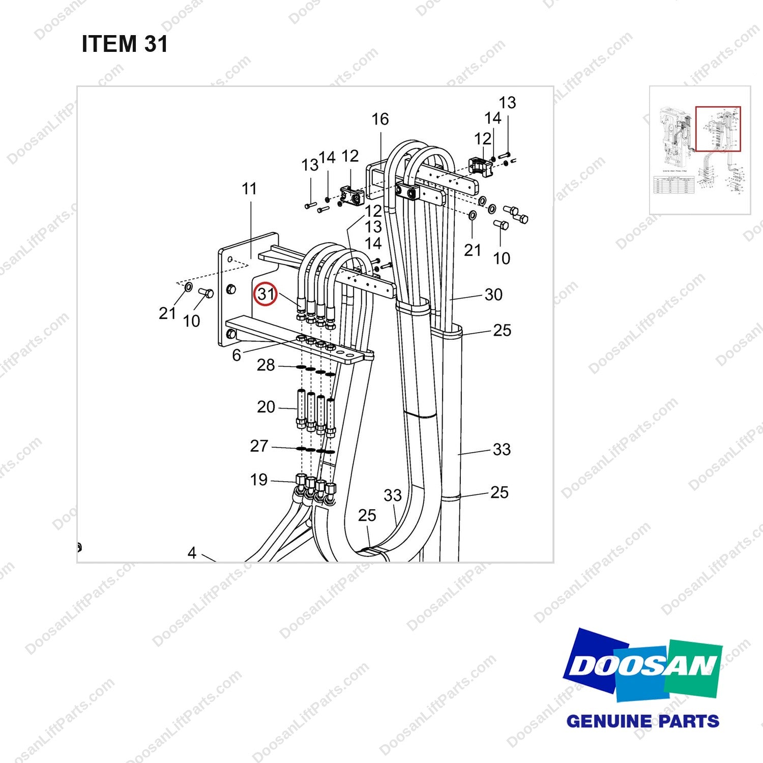D909236 LINE GROUP,ATTACHMENT;4WAY - parts diagram, item 31 shown - genuine Doosan / Bobcat forklift part