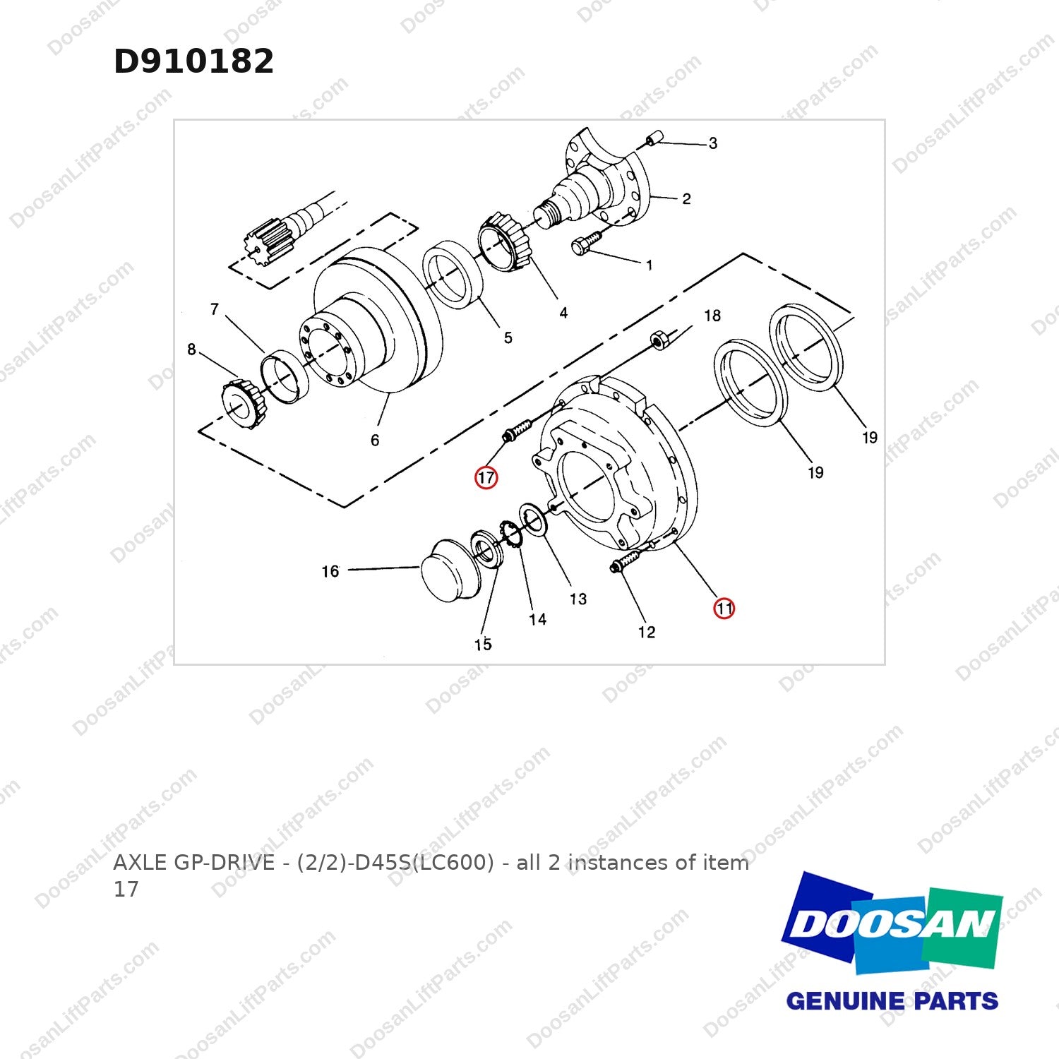 D910182 AXLE GP-DRIVE - (2/2)-D45S(LC600) - full parts diagram, item 17 marked - genuine Doosan / Bobcat forklift part
