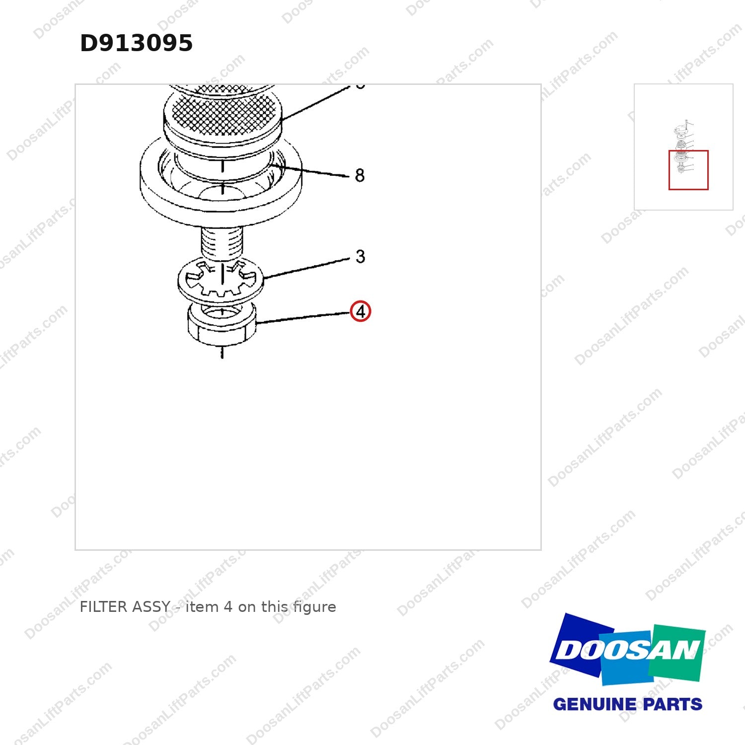 D913095 FILTER ASSY - parts diagram, item 4 shown - genuine Doosan / Bobcat forklift part