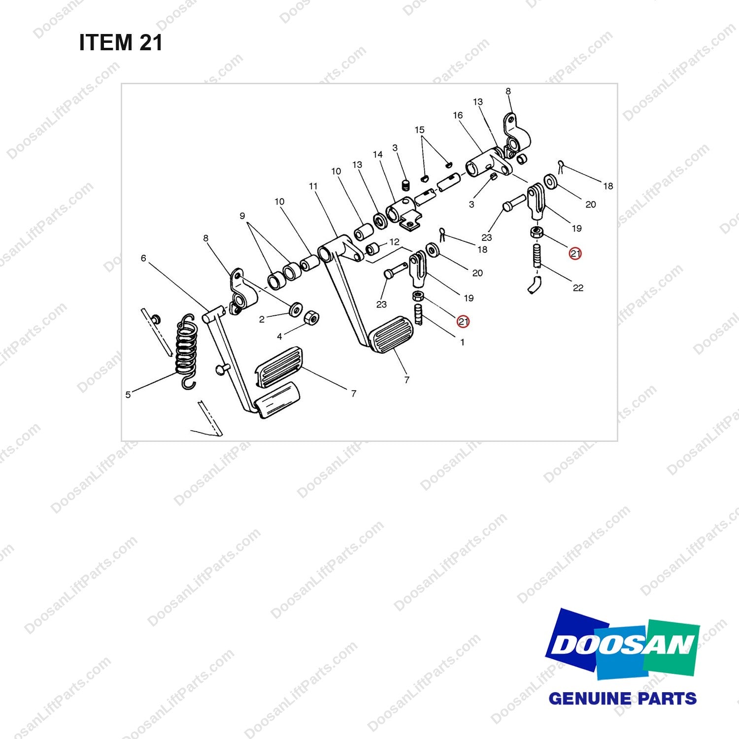 D913096 INCHING & BRAKE CONTROL - (1/2) - full parts diagram, item 21 marked - genuine Doosan / Bobcat forklift part