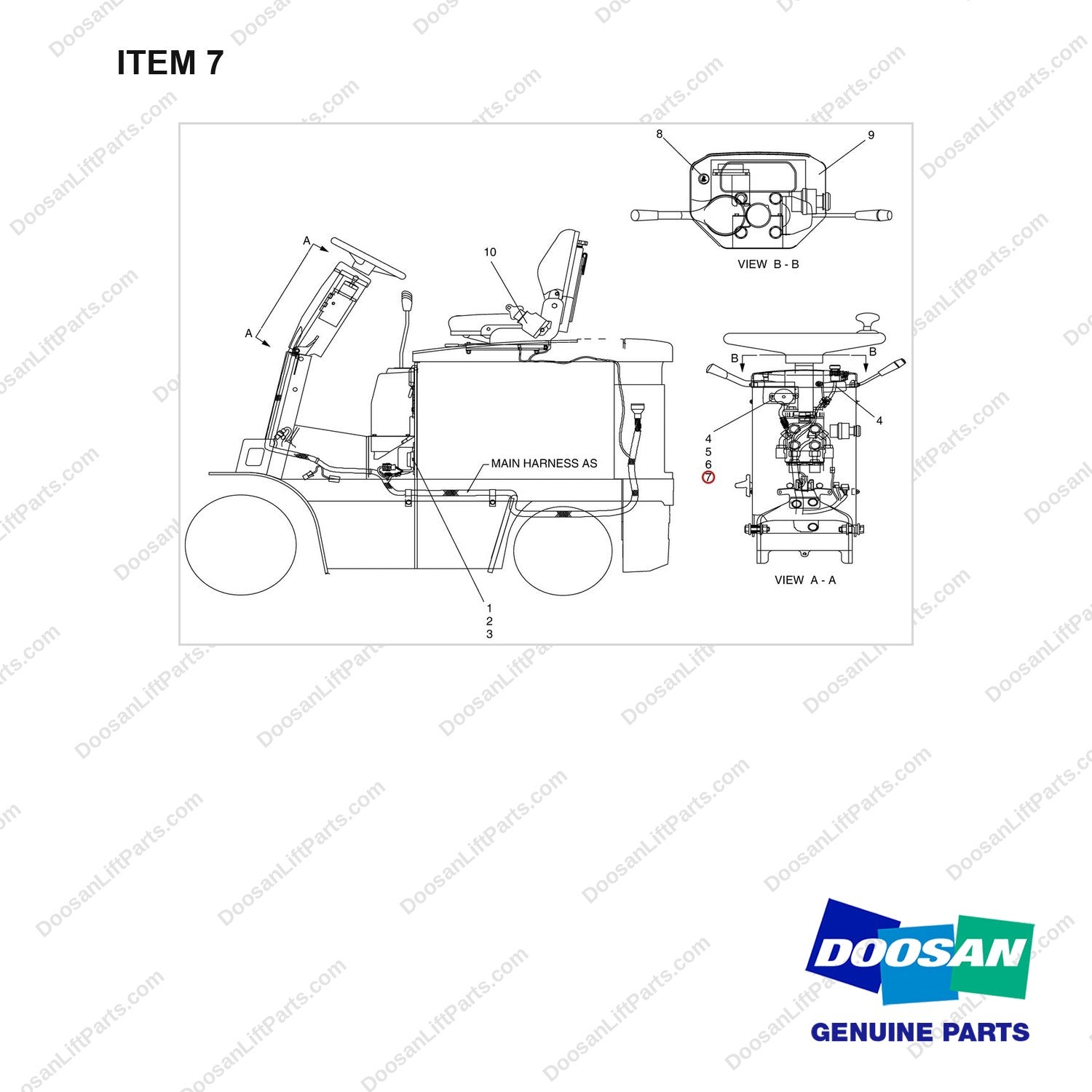 D915000 WARNING GP-SEAT & PARKING - full parts diagram, item 7 marked - genuine Doosan / Bobcat forklift part