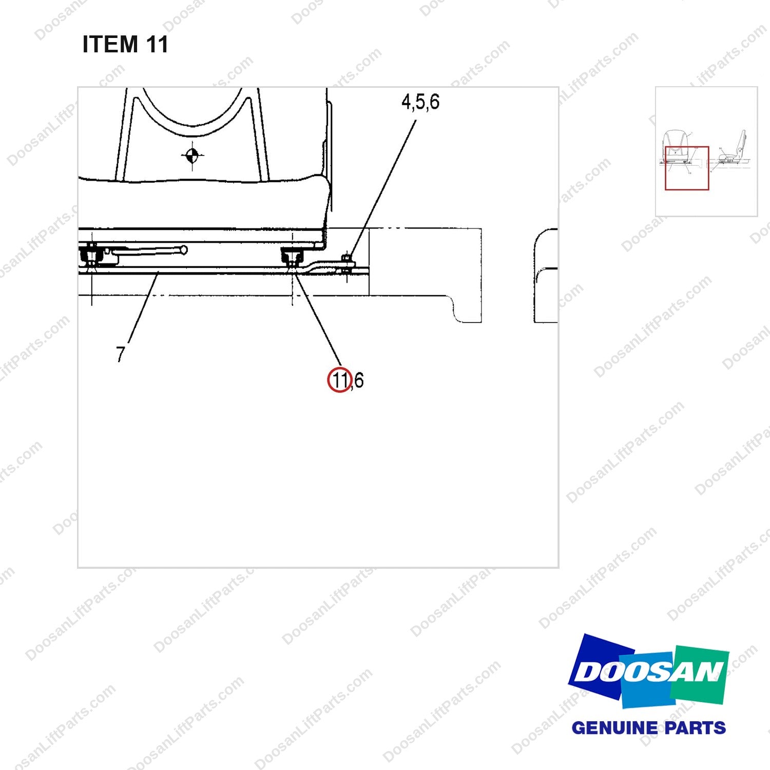 D915001 SEAT GP - parts diagram, item 11 shown - genuine Doosan / Bobcat forklift part