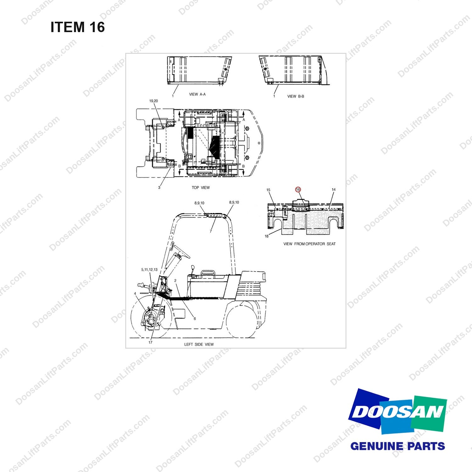 D915050 CHANGE AR-SOUND SUPPRESSION - full parts diagram, item 16 marked - genuine Doosan / Bobcat forklift part