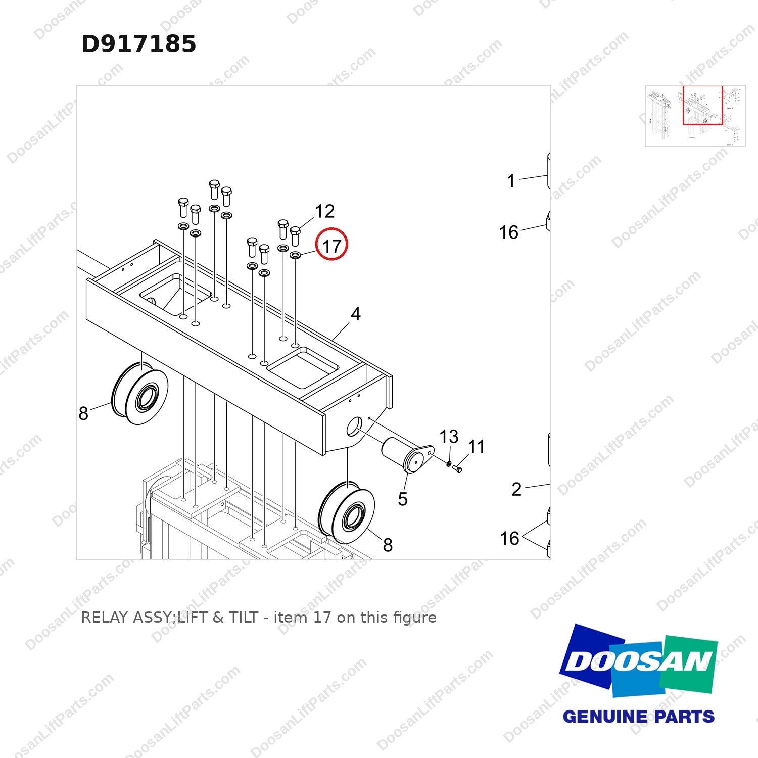D917185 RELAY ASSY;LIFT & TILT - parts diagram, item 17 shown - genuine Doosan / Bobcat forklift part
