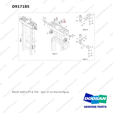 D917185 RELAY ASSY;LIFT & TILT - full parts diagram, item 17 marked - genuine Doosan / Bobcat forklift part
