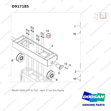 D917185 RELAY ASSY;LIFT & TILT - parts diagram, item 17 shown - genuine Doosan / Bobcat forklift part