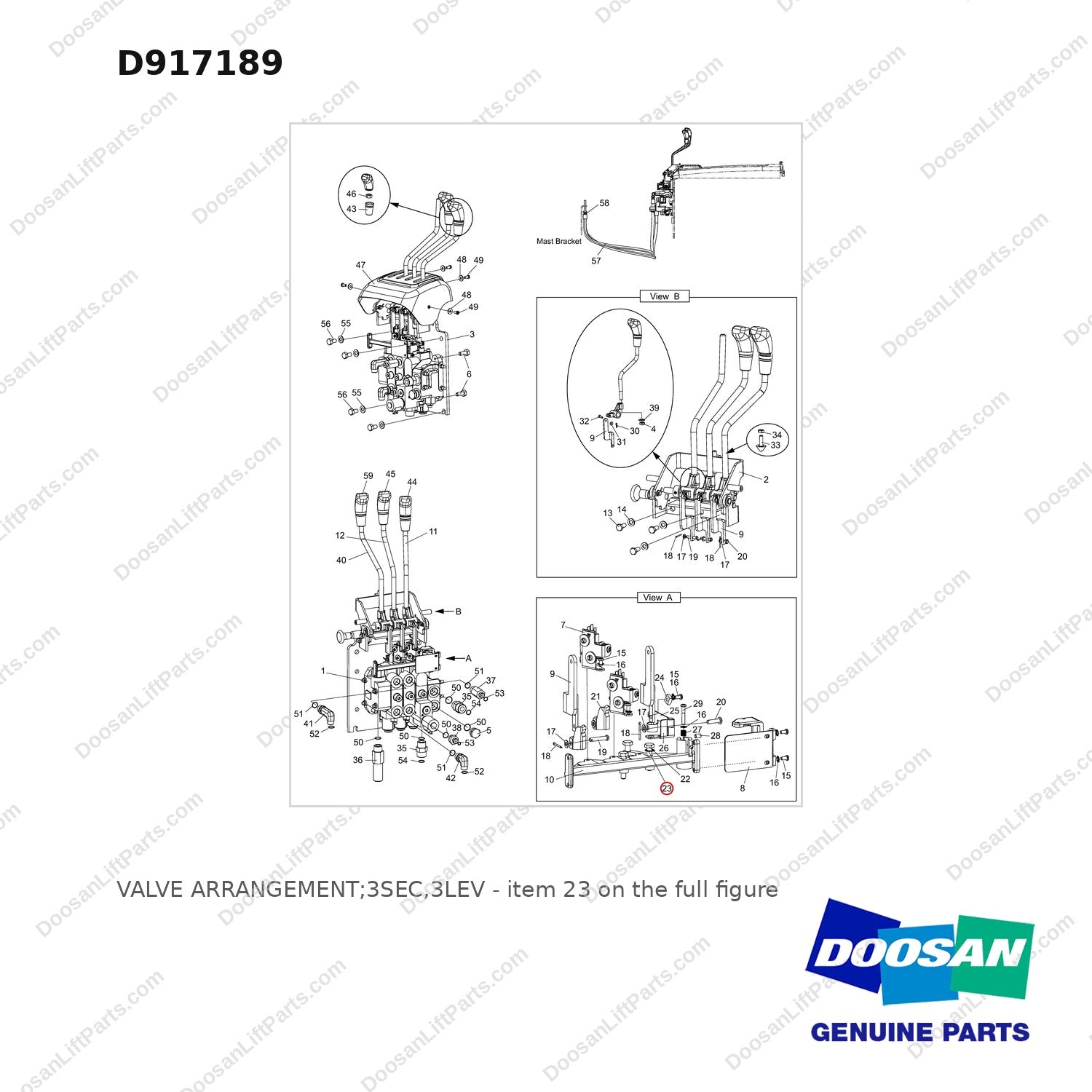 D917189 VALVE ARRANGEMENT;3SEC,3LEV - full parts diagram, item 23 marked - genuine Doosan / Bobcat forklift part