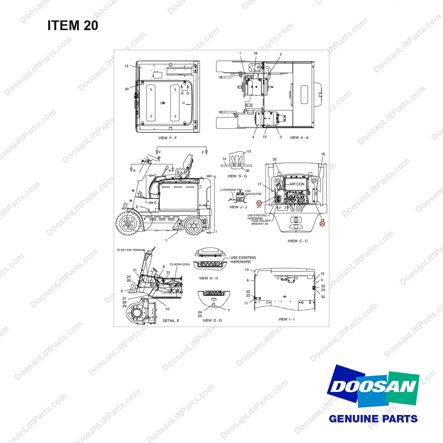 D917206 CHANGEOVER AR. - E TO EE TRUCK - full parts diagram, item 20 marked - genuine Doosan / Bobcat forklift part