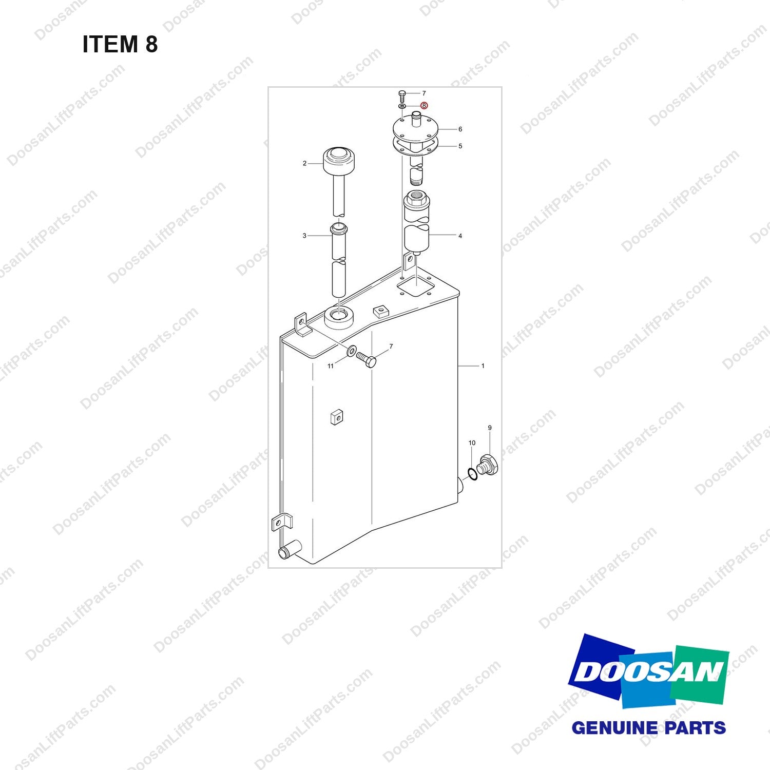 D917265 HYDRAULIC TANK - full parts diagram, item 8 marked - genuine Doosan / Bobcat forklift part